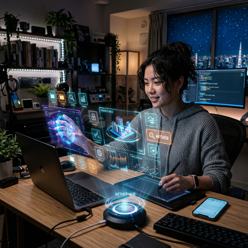 Woman interacting with holographic urban planning and data visualization interfaces