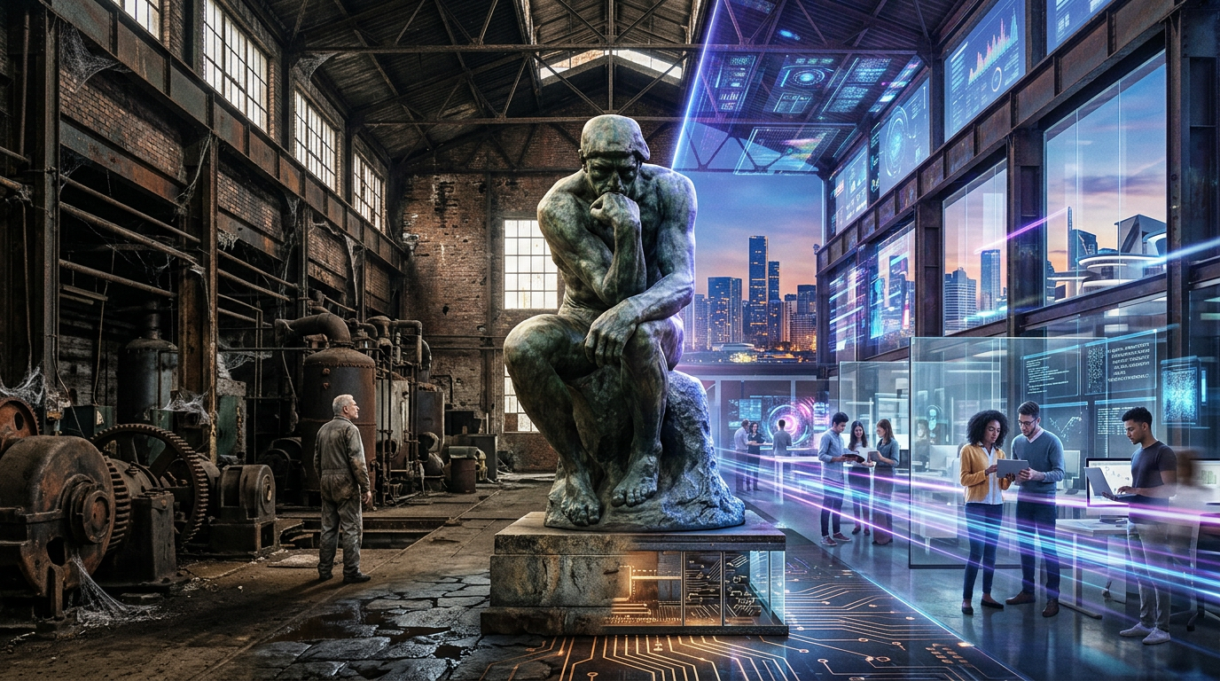 A large statue of The Thinker between an old industrial warehouse with rusty machines and a futuristic tech lab with people using digital devices