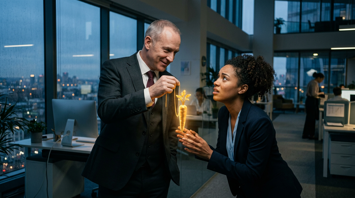Man in suit holding a glowing carrot on a string in front of a woman in an office