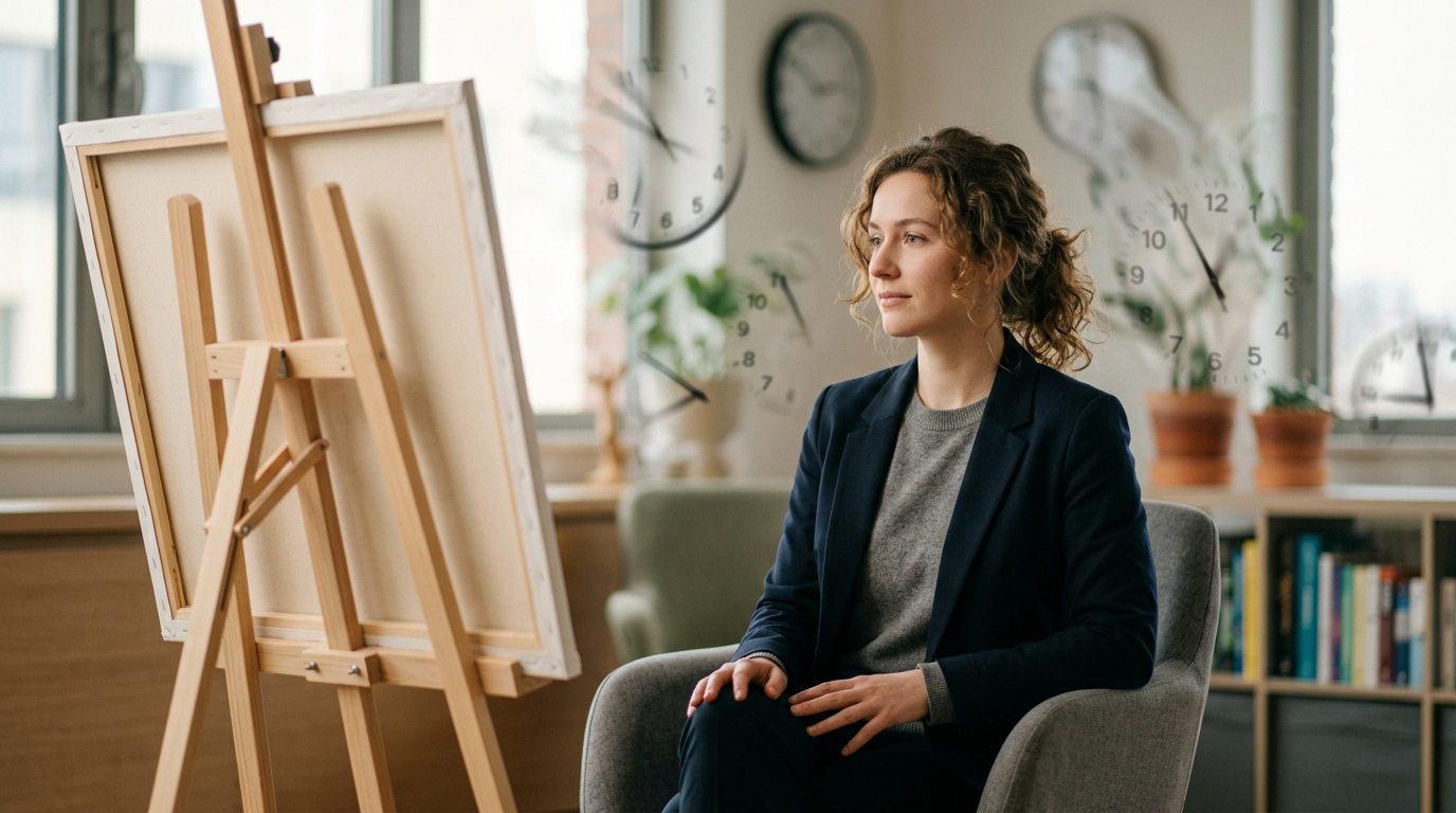 Woman sitting in chair near easel with transparent floating clocks