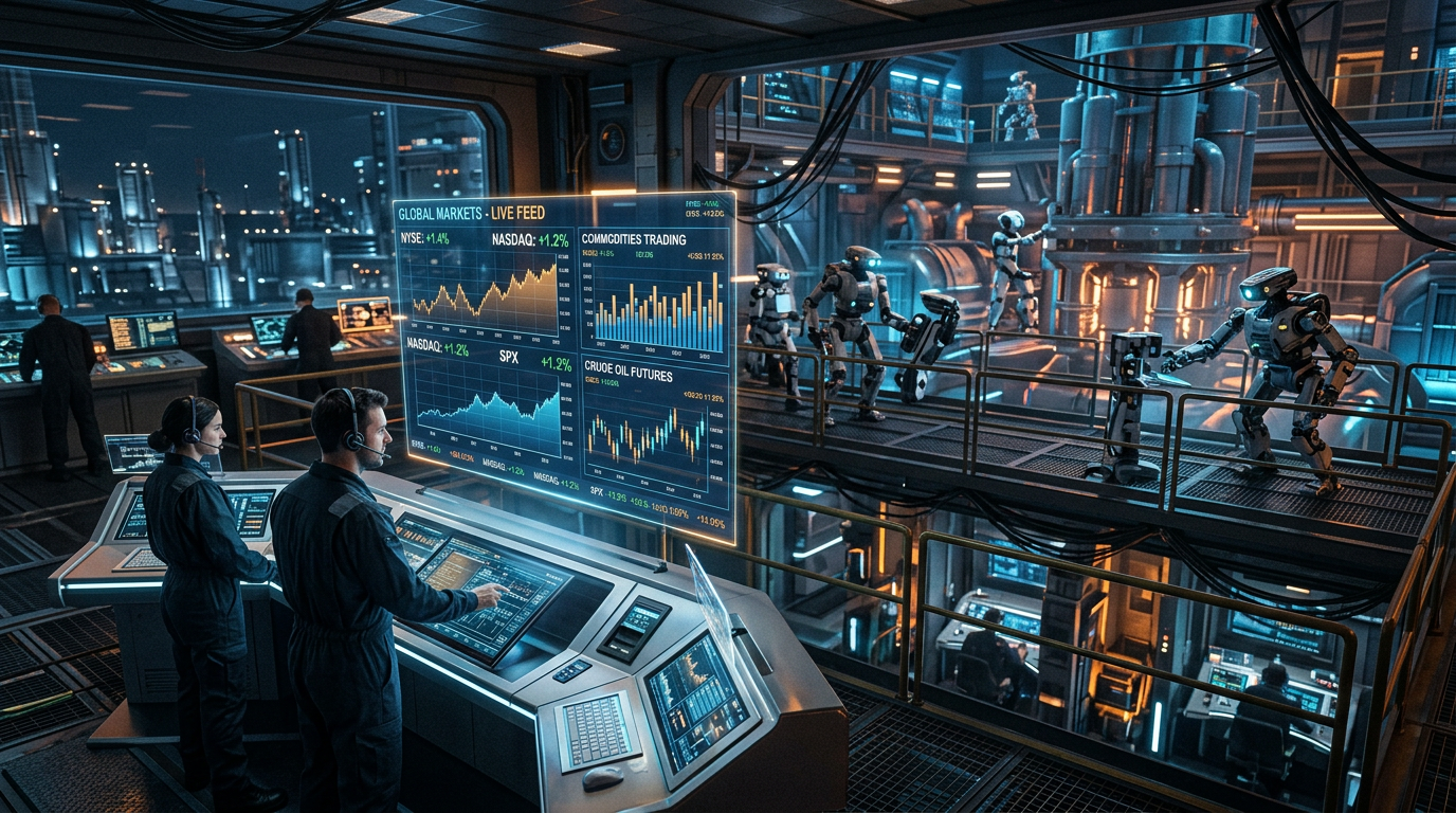 Operators monitoring financial data on large screens in an industrial control room with robots working nearby