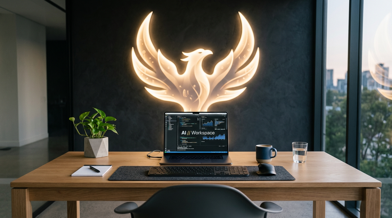 Laptop displaying AI workspace software on wooden desk with illuminated phoenix logo