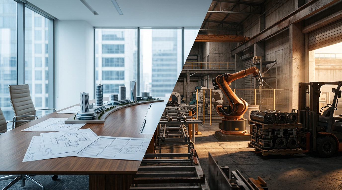 Split image of architectural plans and model beside an industrial robot and forklift